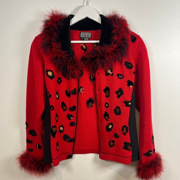 berek Sweaters - VTG Berek Leopard Print Knit Cardigan Sweater Beaded 90s Maximalist Bold Sz. S